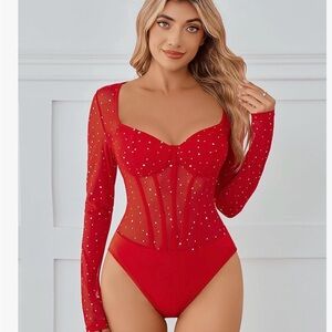Elegant Red Sheer Bodysuit Top